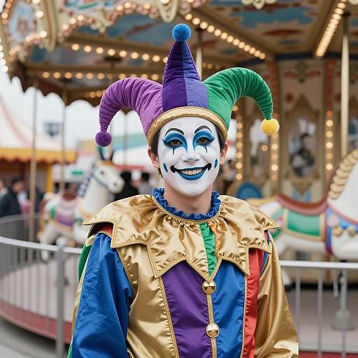Vibrant Jester in Colorful Carnival Scene