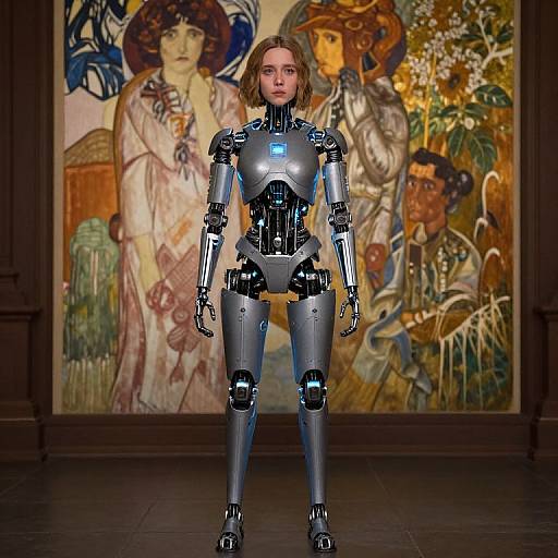 Photorealistic CGI of a female humanoid robot with silver metallic joints and blue glowing chest panel, standing in front of an Art Nouveau painting with intricate