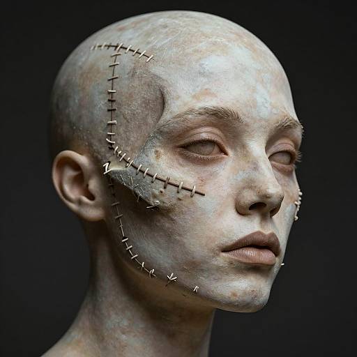 CGI digital artwork of a bald human head with stitched patterns on the forehead and cheek, pale skin, closed eyes, and neutral expression against a dark