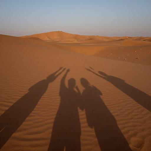 Photograph of two people's long shadows on a sunlit, orange desert sand dune with rippled textures, under a clear blue sky.