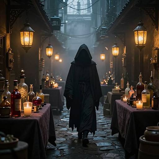 Mysterious hooded figure in dark cloak walks down dimly lit, cobblestone alleyway lined with lit candles and lanterns, surrounded by tables
