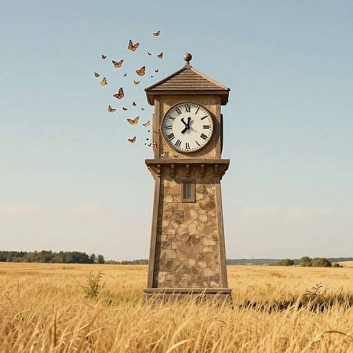 Photograph of a stone clock tower in a golden wheat field, with butterflies flying from its clock face into a clear blue sky.