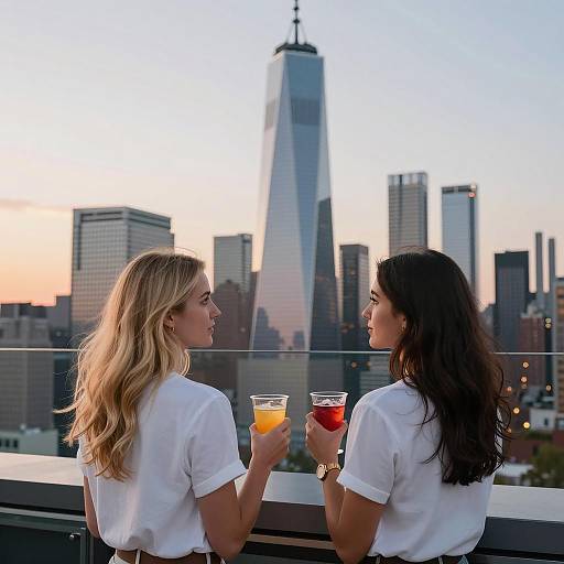 Two Women Enjoying Drinks on Rooftop at Sunset