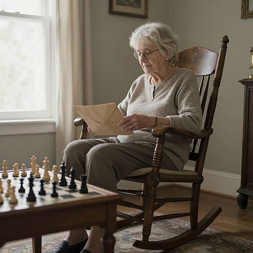 Photograph of an elderly white woman with short white hair, glasses, and pearl necklace, reading a letter while seated in a wooden rocking chair, playing