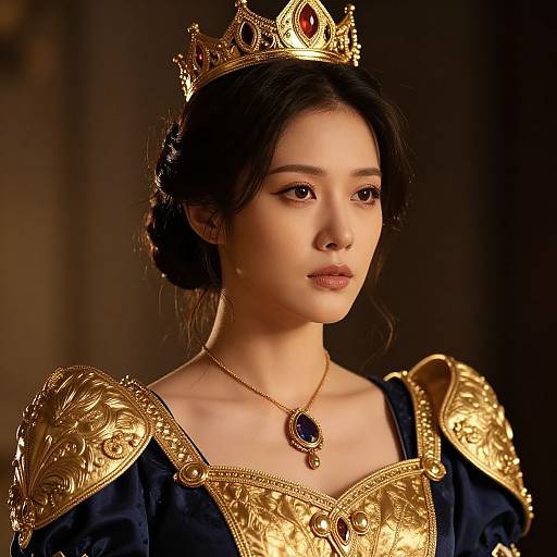 Photograph of an East Asian woman with fair skin, dark hair in a bun, wearing a golden crown, ornate black gown with gold shoulder plates