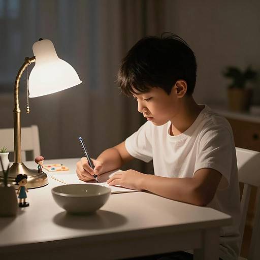 Focused Boy Writing in Vintage Light