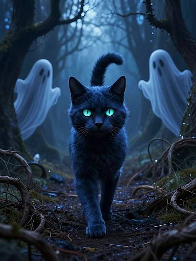 Midnight Cat in Haunted Forest
