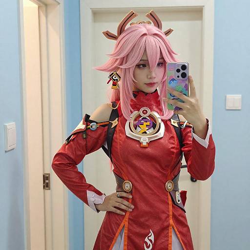 Vibrant Pink-Haired Cosplay Selfie