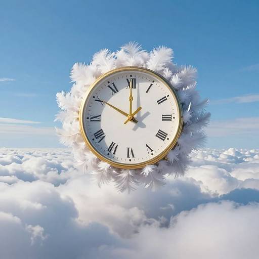 Photograph of a large, white clock with black Roman numerals and gold hands, surrounded by white feathers, floating above a sea of fluffy clouds against