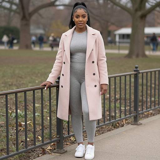 Photograph of a Black woman with long, straight hair wearing a light pink coat, gray bodysuit, and leggings, standing on a park path