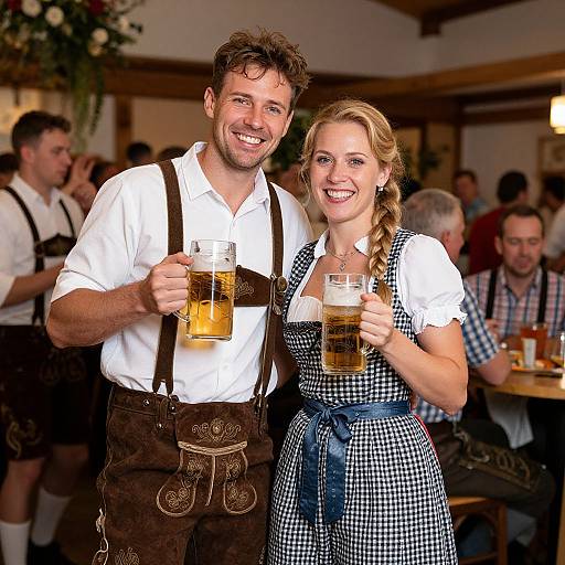 Photograph of a smiling, young Caucasian couple in traditional Bavarian attire, holding beer mugs in a festive, crowded beer hall.