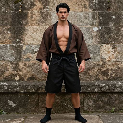 Photograph of a muscular, dark-haired man with a serious expression, wearing an open brown robe, black shorts, and socks, standing against a weather