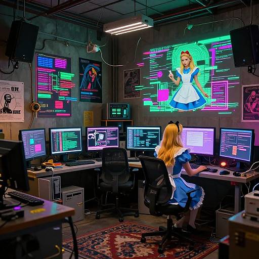 Photograph of a neon-lit, cyberpunk-style room with a blonde woman in a blue dress working at multiple computer screens, while a holographic