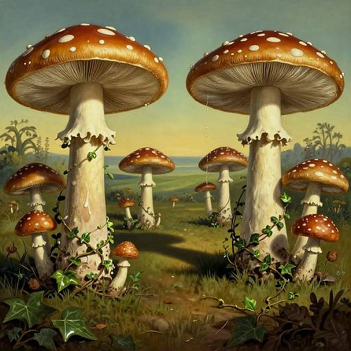 Digital artwork of a fantasy forest with giant, orange-spotted mushrooms with white stems and green vines, under a sunset sky.