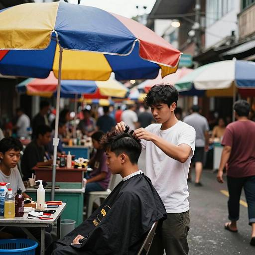 Stylish Haircut in Vibrant Street Market