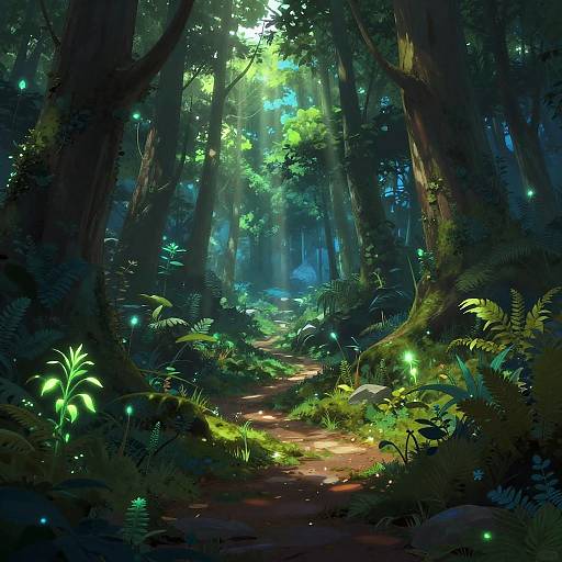 Digital fantasy forest scene with glowing fireflies, lush green ferns, and a sunlit dirt path winding through towering trees.