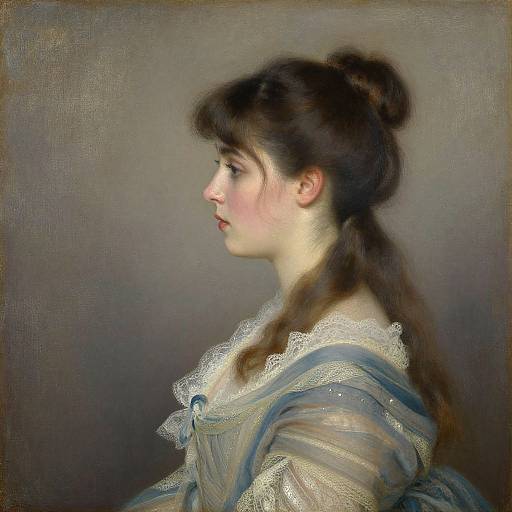 Photorealistic painting of a young woman with fair skin, brown hair in a bun, wearing a blue and white lace dress, profile view against a