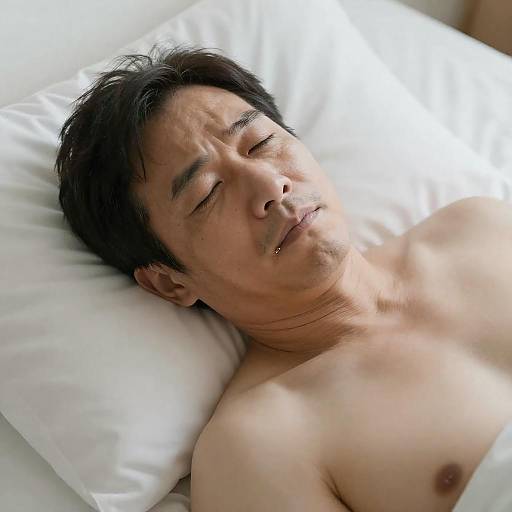 Tired Man Portrait on White Bedding