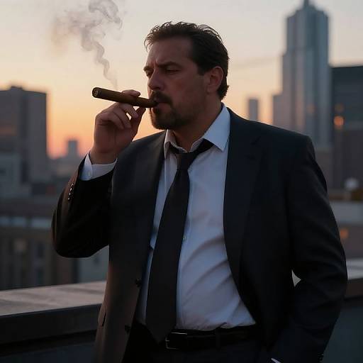 Photograph of a middle-aged man in a dark suit, white shirt, and black tie, smoking a cigar on a city rooftop at sunset. City