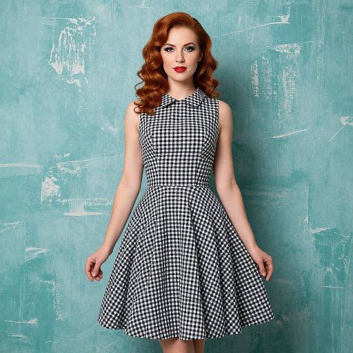 Photograph of a fair-skinned woman with red curly hair, wearing a black-and-white checkered sleeveless dress, standing against a textured blue background