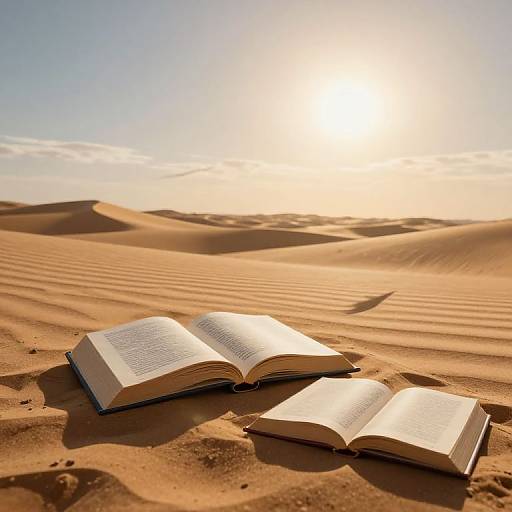Photograph of two open books lying on sunlit, rippled desert sand with rolling dunes and a bright, late afternoon sun.