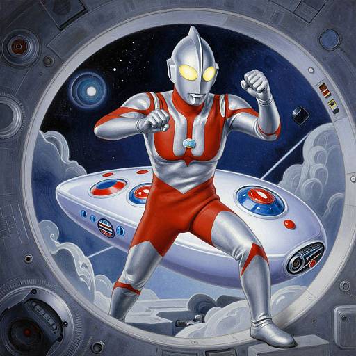 Digital illustration of a silver, robotic superhero in red outfit, glowing yellow eyes, striking a powerful pose inside a space station window, with a retro-f