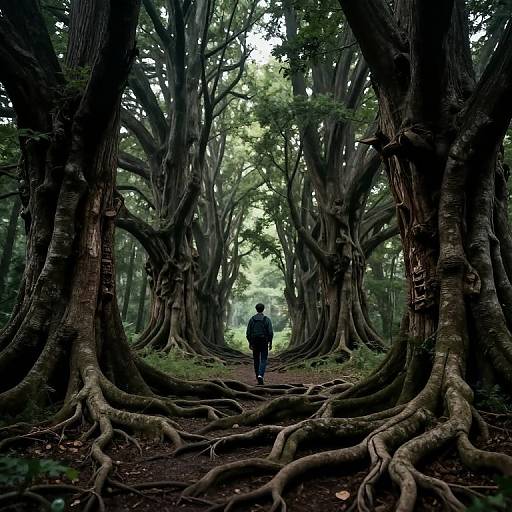 Photograph of a solitary figure standing between towering, intricately branched, and root-exposed trees in a dense, misty forest.