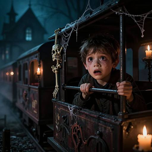 Photograph of a wide-eyed, teary-eyed young boy in a dark coat, holding a skeletal figure, in a dimly lit, candlelit