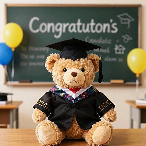 Photograph of a fluffy brown teddy bear in a black graduation cap and gown, sitting on a desk in front of a chalkboard that reads 