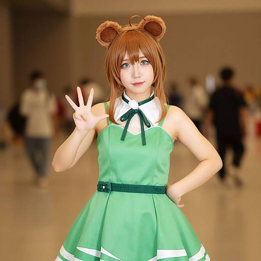 Photograph of a young woman with brown hair, bear ears headband, green sleeveless dress with white trim, black ribbon, flashing a peace sign