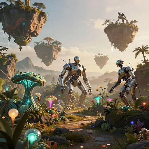 Digital artwork of two futuristic humanoid robots standing in a vibrant, alien jungle with floating islands, glowing plants, and bioluminescent lights.