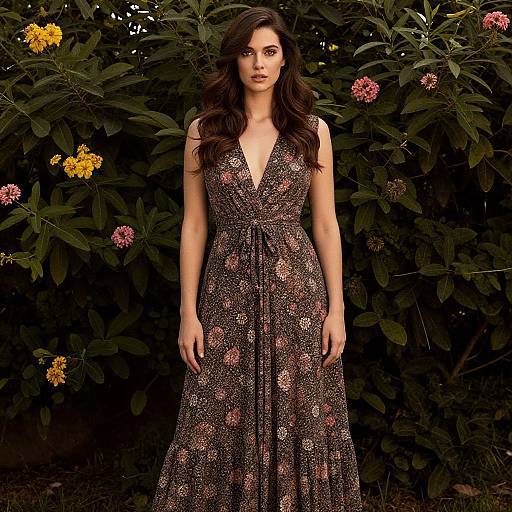Photograph of a brunette woman with wavy hair wearing a deep V-neck, floral-patterned dress, standing in front of dark green foliage with yellow