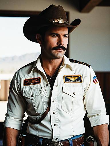 Photograph of a muscular, mustachioed man in a white sheriff's uniform, brown cowboy hat, and badges, standing indoors with a serious