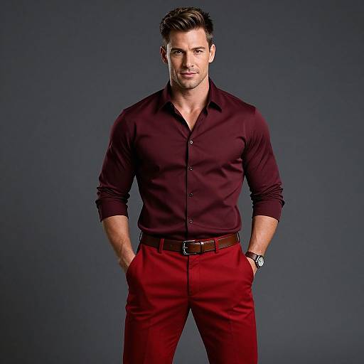 Photograph of a handsome, muscular man with short dark hair, wearing a fitted dark maroon shirt, red pants, and brown belt, standing against