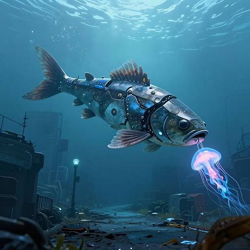 Digital artwork of a cybernetic fish with glowing eyes and a bioluminescent jellyfish, set in a dark, underwater industrial environment.