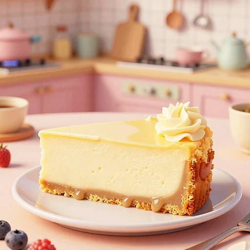 Photograph of a slice of creamy lemon pie with a graham cracker crust, topped with whipped cream, on a white plate in a sunny,