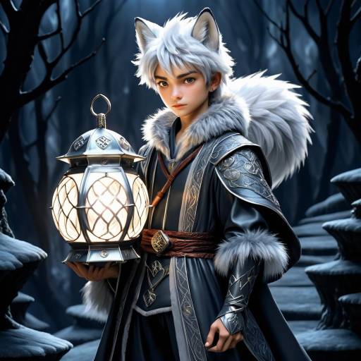Fantasy Fox-Boy with Lantern in Dark Forest