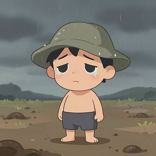 Sad Farmer Cartoon in Rainy Field