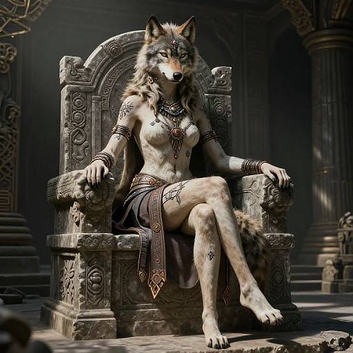 Digital art of a regal, anthropomorphic wolf-woman with gray fur, sitting on an ornate, stone throne in a dimly lit temple