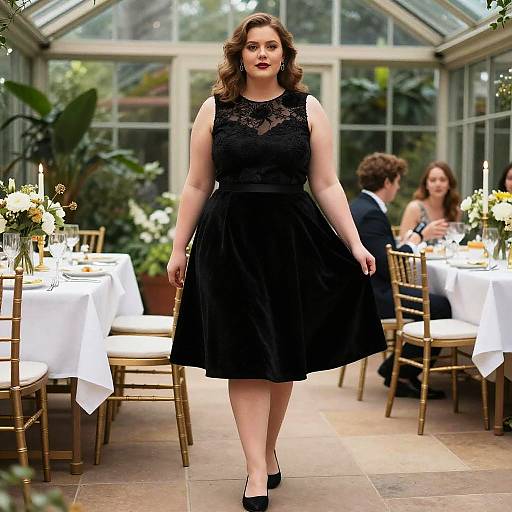 Photograph of a curvy woman with wavy brown hair, wearing a black lace sleeveless dress and black heels, walking in a greenhouse restaurant with