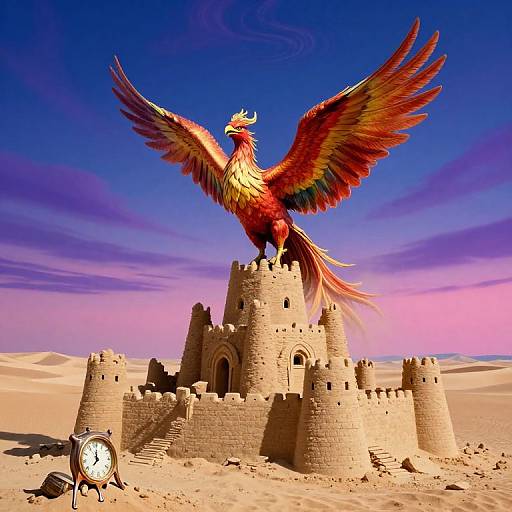 Photograph of a vibrant, multicolored phoenix with outstretched wings perched on a sandcastle in a desert, with a clock on the