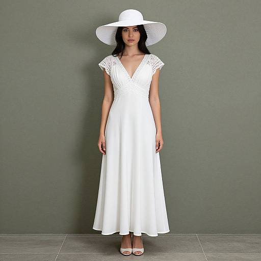 Photograph of a woman in a white, V-neck, lace-trimmed, sleeveless dress and wide-brimmed hat, standing against a