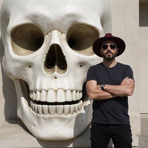 Stylish Man Beside Striking Skull Sculpture