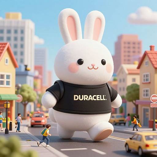 CGI image of a giant, white, cartoon bunny wearing a black 
