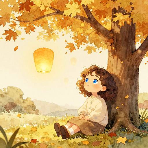 Digital anime-style drawing of a curly-haired child with blue eyes sitting under an autumn tree, gazing at a glowing lantern.