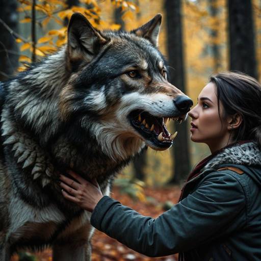 Woman Facing Large Wolf in Autumn Forest Woman Facing Large Wolf in Autumn Forest