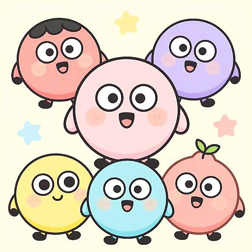 Cute digital drawing of six round, colorful, cartoon-like characters with large eyes and tiny arms and legs, stacked in a cluster against a white background