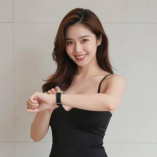 Smiling Asian Woman Checking Watch