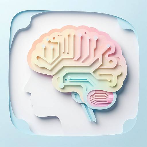 Digital art of a stylized, colorful brain with abstract, geometric shapes in pastel pink, yellow, blue, and green, set against a white