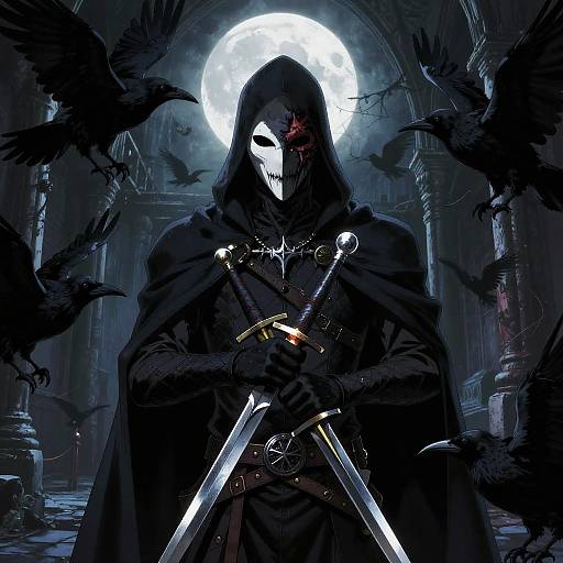 Digital artwork of a hooded, masked figure with glowing red eyes, holding two swords, surrounded by black ravens, under a full moon in a